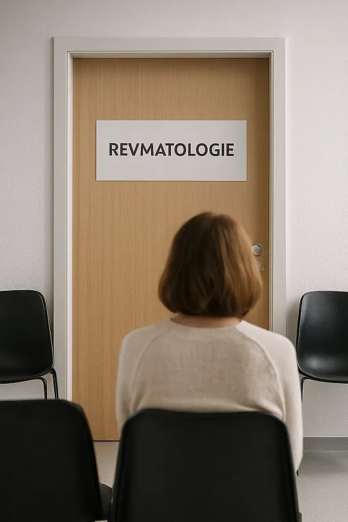 Žena čekající před dveřmi revmatologie