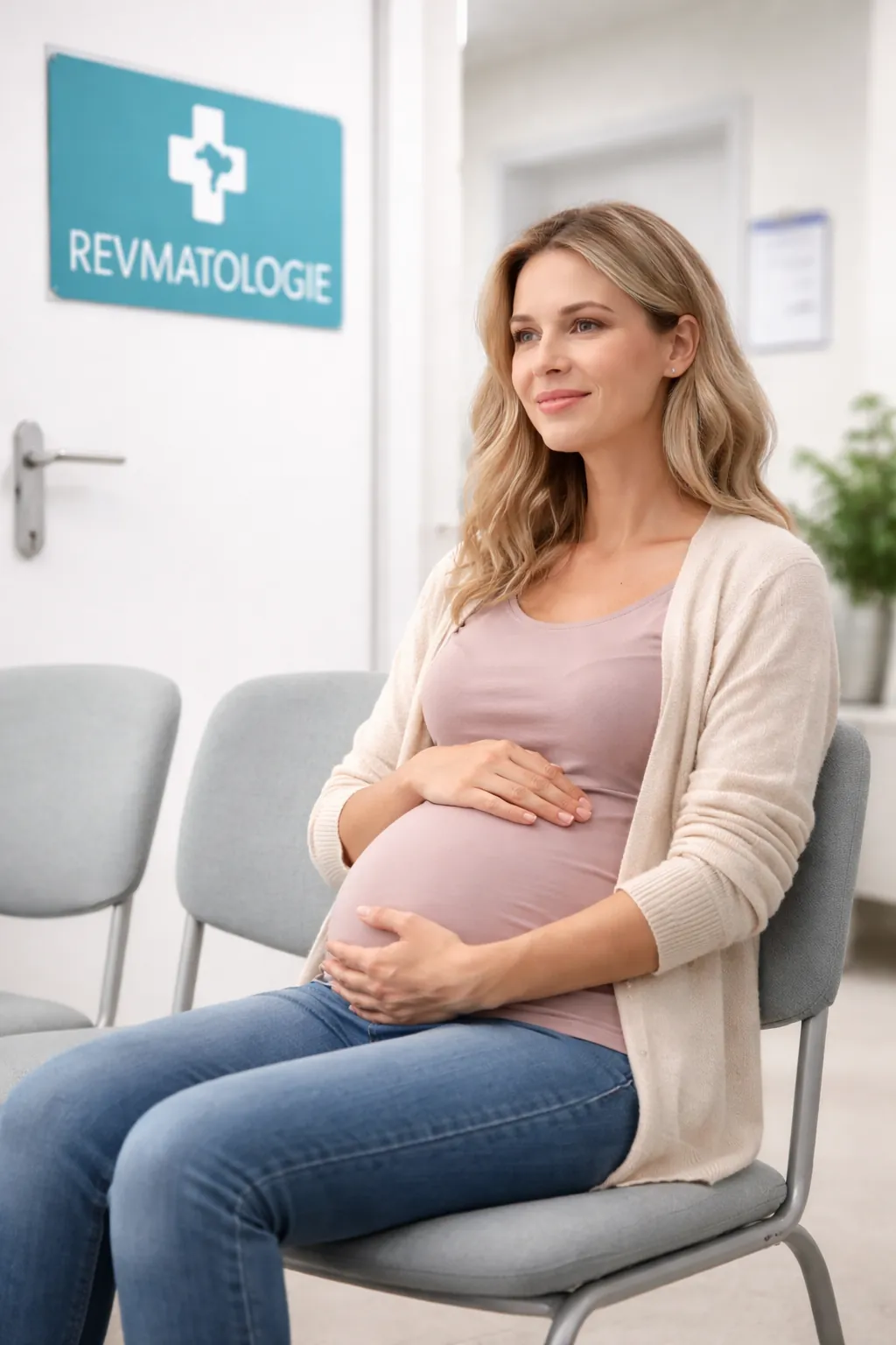 Těhotná žena v čekárně revmatologie